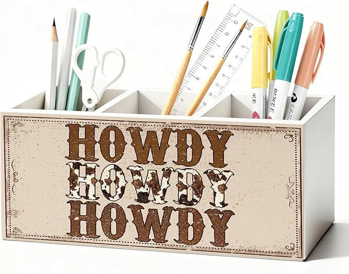 Western Pen Pencil Holder for Desk, Cowboy Gifts, Cowgirl Gifts for Women, Western Office Decor, Retro Country Howdy Southwestern Wooden Box Sign Decorations for Home Office Desk Tabletop