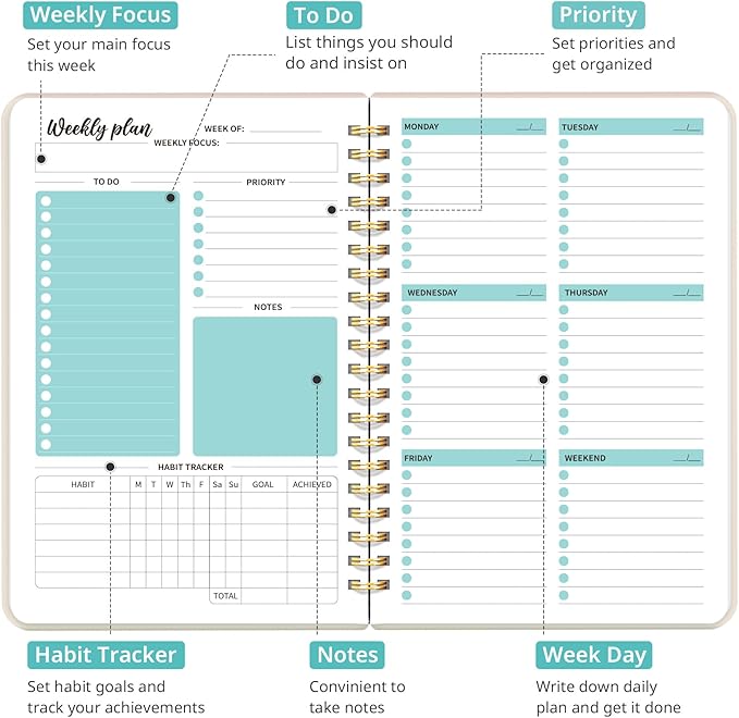 Undated Weekly Planner, Weekly To Do List Notebook with Goal & Habit Tracker Organizer, A5 Weekly Planner Notebook with Spiral Binding, 6.1" x 8.2" - Beige