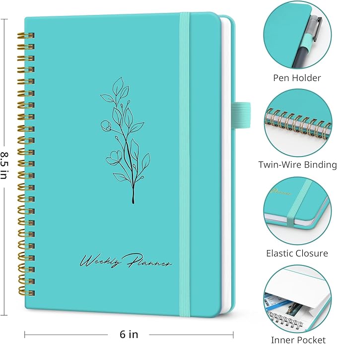 Undated Weekly Planner, Weekly To Do List Notebook with Goal & Habit Tracker Organizer, A5 Weekly Planner Notebook with Spiral Binding, 6.1" x 8.2" - Aquamarine