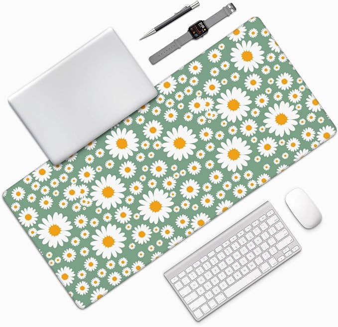 Extra Large Mouse Pads Daisy Flowers XXL Mousepad with Stitched Edges Spring Floral Print Non-Slip Rubber Base Computer Keyboard Pad Desk Mat for Home Office Desk Decor, 35.4" X 15.7"