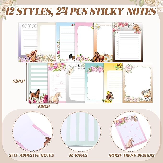 48 Pcs Horse Sticky Notes with Pens Themed Party Favors Gifts Cute Notepad Adhesive Memo Notes Black Ink Ballpoint Pen for Horse Lover Christmas Office School Students Teacher Supplies