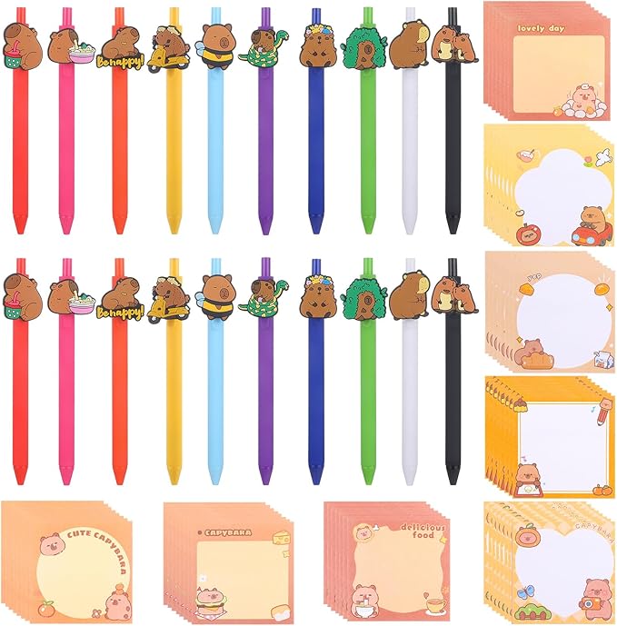40 Pcs Capybara Sticky Notes with Pens Cartoon Black Ink Pens&Small Memo Pads Capybara Stationery Sets for Office Home