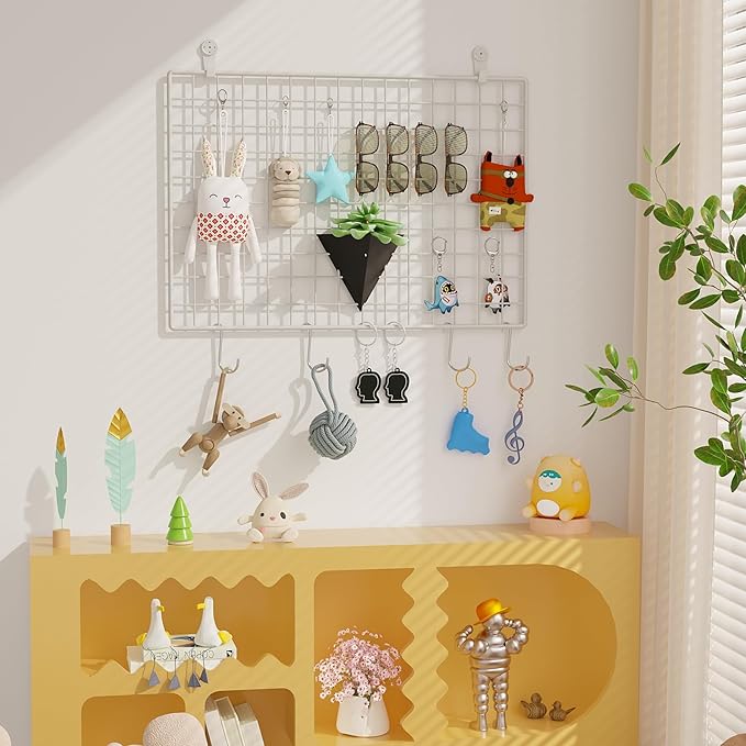 C&AHOME Photo Wall Display Set of 2, Grid Panel with Hooks, Clips, Hemp Cord, Hammer - 17.7" x 25.6", White UWWGM4565W