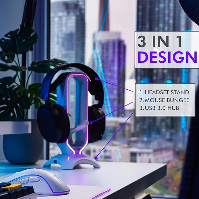 Tilted Nation Gaming Headphone Stand | RGB Headset Stand White | Headset Holder for Desk with Mouse Bungee and USB Hub | The Ultimate Gaming Accessories for Gamers for PS5, Xbox, PC - White