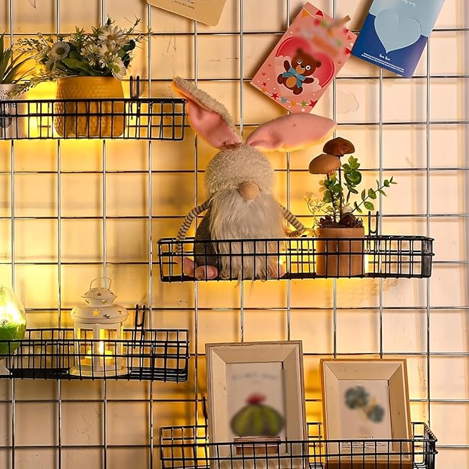 4 Pack 15.75 x 6 x 2.36 Inch Metal Grid Wall Baskets with Hooks, Hanging Wire Grid Basket, Multi-Function Wall Mounted Organizer for Kitchen Organizing Display, White