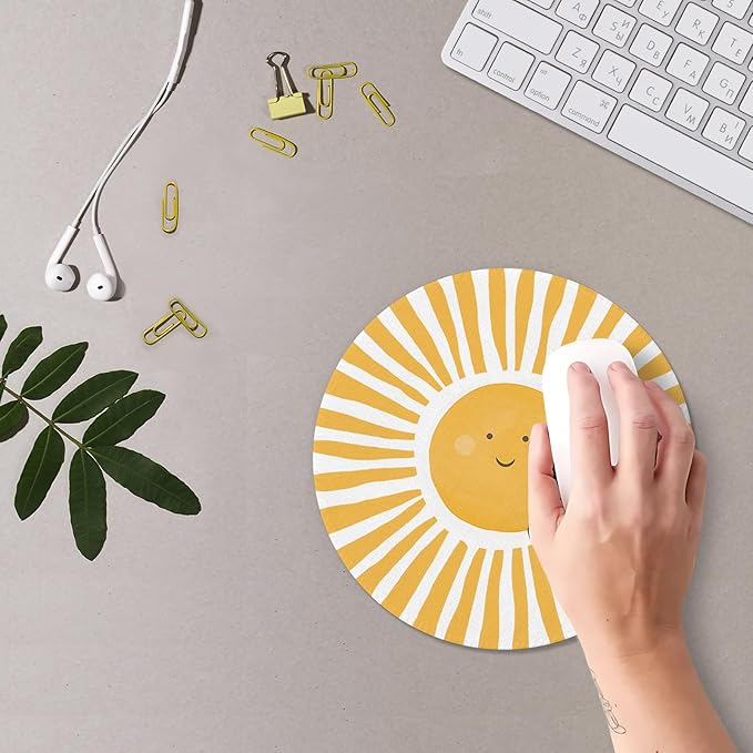 Boho Yellow Sunshine Mouse Pad, Cute Sunshine Mouse Pads Mousepad for Desk Home Office Dorm Computers Laptop, Boho Office Supplies Desk Accessories, 7.9x7.9 Inch