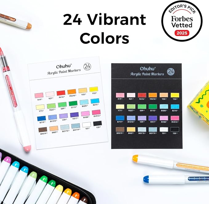 Ohuhu Acrylic Paint Markers Brush Tip: 24 Colors Automatic Ink Control Acrylic Markers High Opacity Paint Pens Waterproof Lightfast for Rock Painting 3D Prints Easter Eggs Wood DIY Crafts- Nahuku
