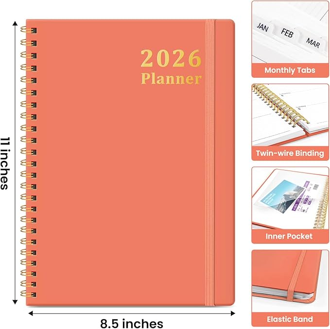 2026 Planner, Weekly and Monthly Calendar Planner, January 2026 - December 2026, Hardcover 2026 Calendar Book with Tabs For Women & Men, Inner Pocket, Spiral Bound, Perfect for Office Home School Supplies - A4 (8.5" x 11"), Coral