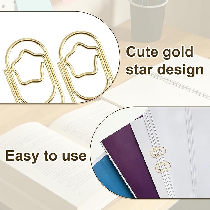 200pcs Star Shaped Paperclips, Gold Small Fancy Decorative Paper Clips Products Cute Star Binder Clips Practical Office Supplies for School Home Desk Organizers Wedding Decorations