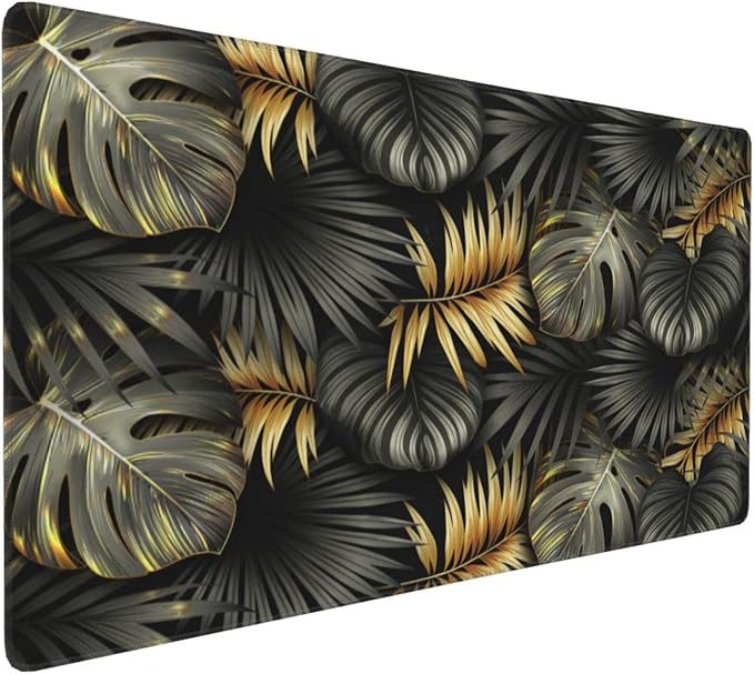 Gaming Mouse Pad,Large Mouse Pads for Desk,Non-Slip Rubber Base Extended Mousepad,XXL Keyboard Mouse Mat,Stitched Edges Computer Keyboard Desk Pad,35.4x15.8inch,Black Gold Tropical Leaves