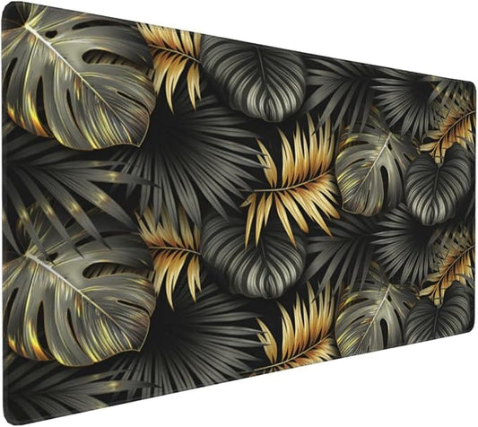 Gaming Mouse Pad,Large Mouse Pads for Desk,Non-Slip Rubber Base Extended Mousepad,XXL Keyboard Mouse Mat,Stitched Edges Computer Keyboard Desk Pad,35.4x15.8inch,Black Gold Tropical Leaves
