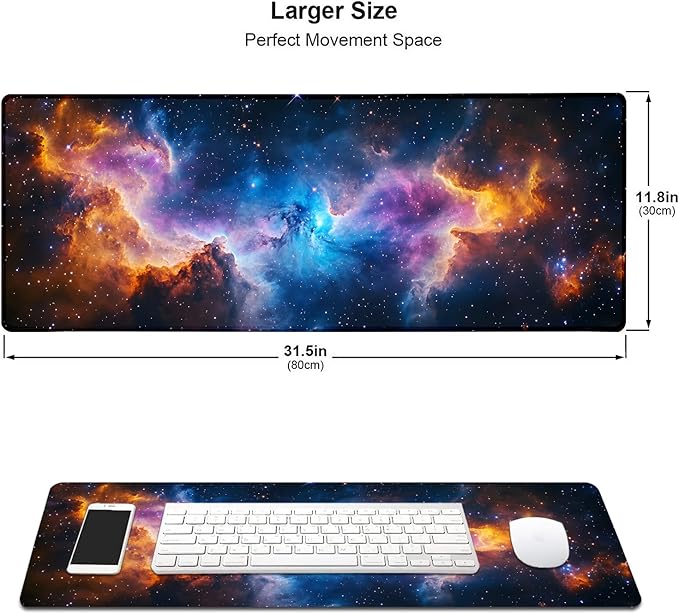 Space Universe Nebula Galaxy Large Mouse Pad, Desk Mat Computer Keyboard Pad Non-Slip Rubber Base Waterproof with Stitched Edges for Laptop Gaming, Office & Home 31.5 x 11.8 Inch (XL-19)