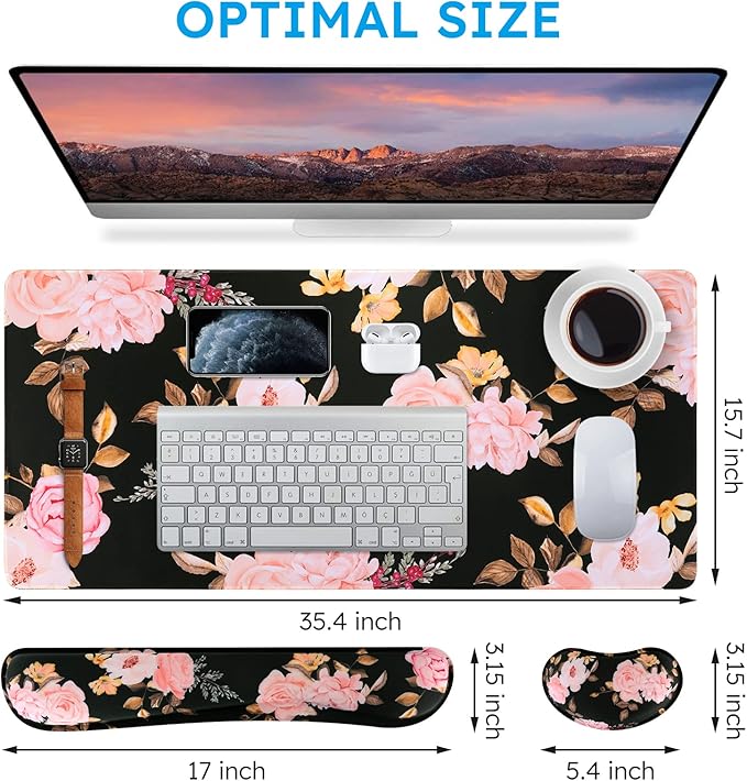 iCasso Keyboard Mouse Pad Set,Extended Gaming Mouse Pad + Keyboard Wrist Rest Support, Memory Foam, Easy Typing Pain Relief, 3Pcs (35.4×15.7 in) Large Ergonomic XXL Thick Mousepad Desk Mat