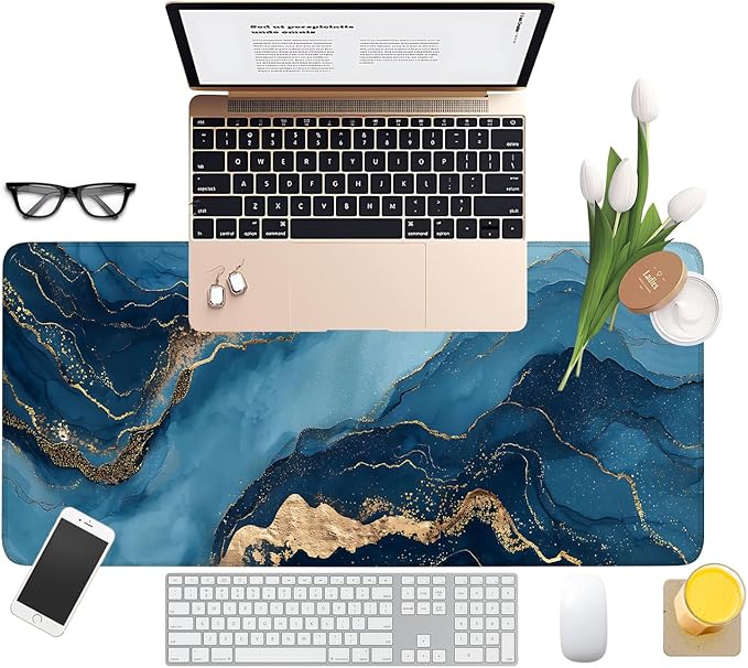 Blue Ocean Marble Extended Mouse Pad XL 31.5"x11.8" – Elegant Blue and Gold Desk Mat – Non-Slip Rubber Base, Stitched Edges