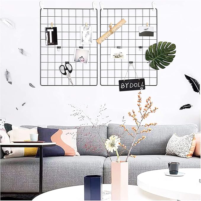 C&AHOME Photo Wall Grid Panel Set of 2, Decor Grid Panel, Photo Display Shelves, Hooks, Clips, Hemp Cord, Hammer, 15.7" 11.8", Black UWWGM3402B