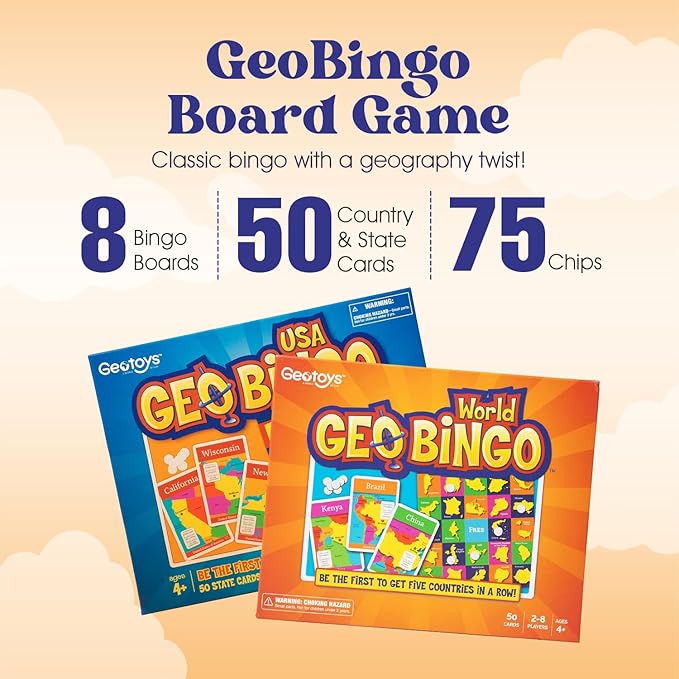 GeoToys GeoBingo Set, World & USA Bingo for Kids Ages 4 and Up, Geography Game for Home & School, Bingo Games for Family, Play and Learn USA States and Capitals and World Countries