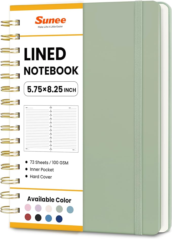 SUNEE Journaling Notebooks, A5 Lined Spiral Notebook for Women, 146 Pages College Ruled Hardcover Notebook for Work, Note Taking, Journaling and Office School Supplies, A5 - Sage Green