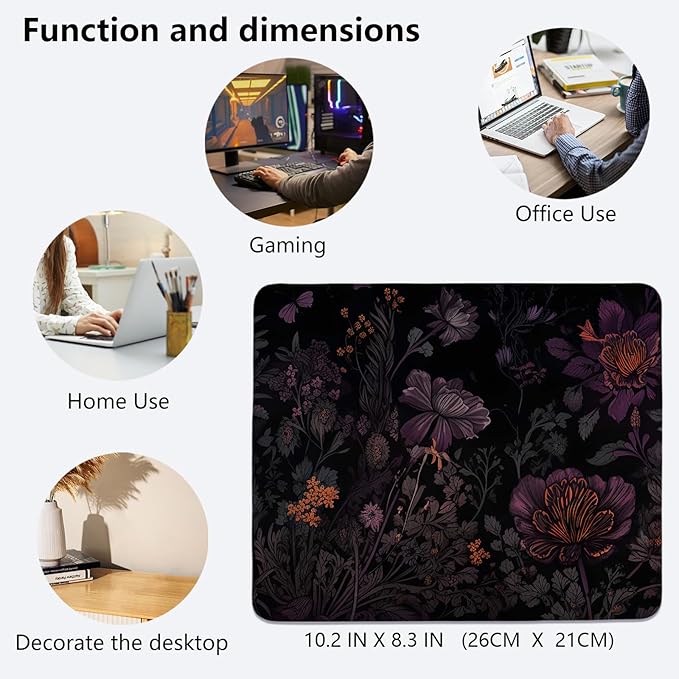 Dark Cottagecore Mouse Pad,Black Floral Mouse Pads,Vintage Wildflower Desk Mat Purple Botanical Desk Mat for Home Office Dorm Desktop Decor,10.2x8.3 Inch