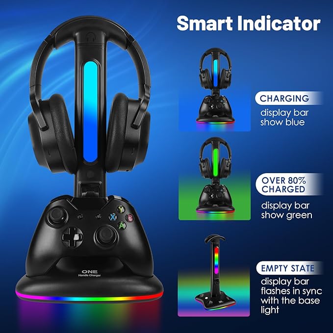 Controller Charger with RGB Headphone Stand for Xbox Series X/S/One/One S/X, XSX Controller Charger Station, Headset and Controllers Stand Holder for Xbox, Gaming Gifts for Gamers Men