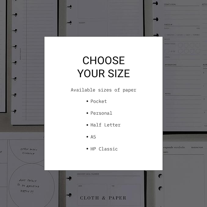 Cloth & Paper Task Planner Inserts – A5 Size 5.8 x 8.3 Inches | 6-Ring To-Do List 15 double sided Daily Planner Organizer Refills | Minimalist Design | Premium Paper for Notes & Reminders