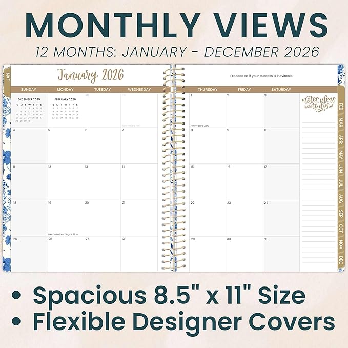 bloom daily planners 2026 Planner (January to December) - 8.5” x 11” Weekly & Monthly Dated Agenda Organizer Book with Stickers & Tabs - Flexible Soft Cover - Blue & White Floral