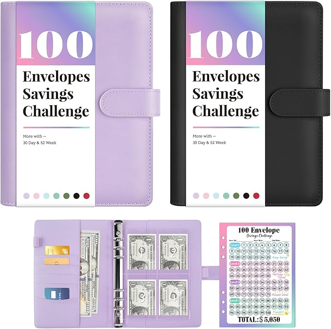 2PCS 100 Envelopes Money Saving Challenge, Savings Challenges Book with Envelopes, Flexible $5050, $2600, $300, Binder with 100 Pocket Pre-Number & Reusable Laminated Tracker