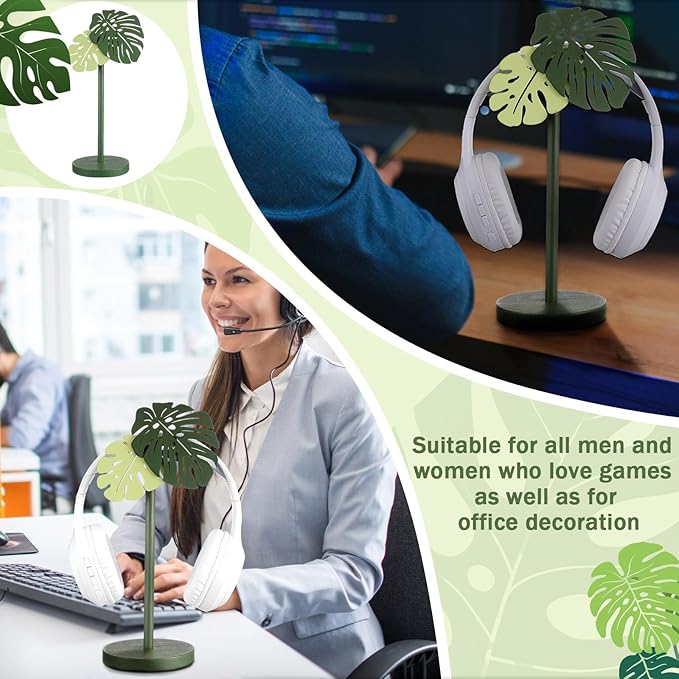 Yookeer Monstera Headphone Stand Cute Headphone Stand Decorative Palm Leaves Wood Desk Decor for Gamer Room Office Desk Gaming Gifts for Girlfriend Office Worker