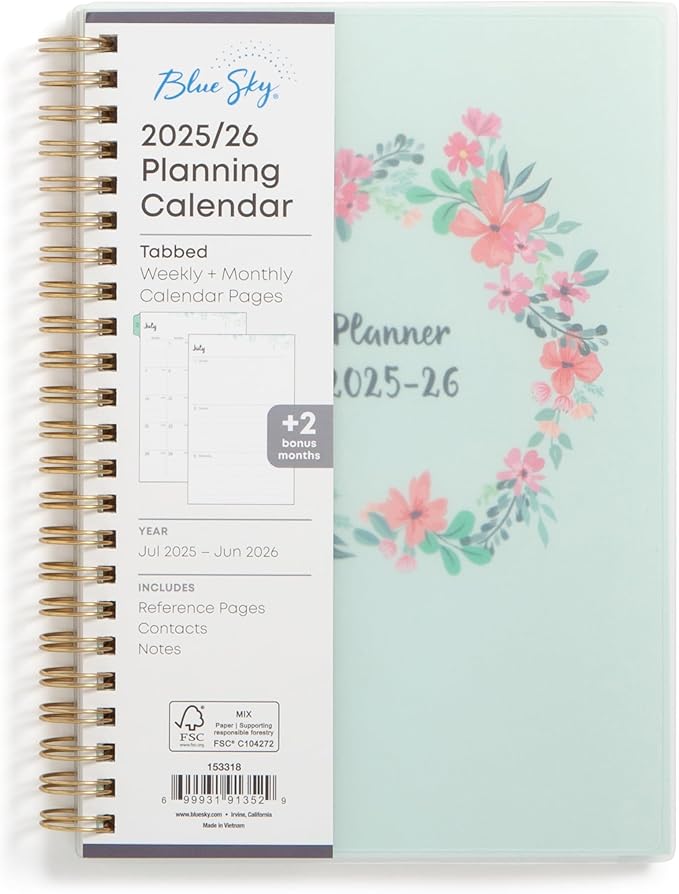 Blue Sky Weekly and Monthly Academic Year Planner Calendar, July - June, Flexible Cover, Wirebound, Laminated Tabs, Laurel (Laurel- 2025/2026, 5" x 8")