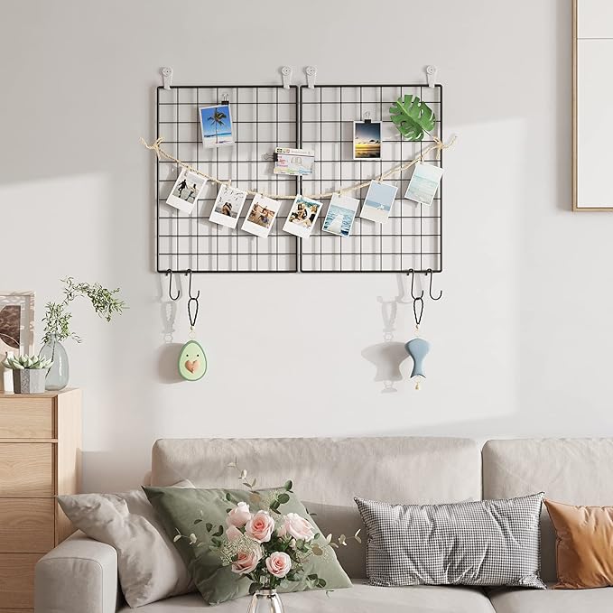 C&AHOME Photo Wall Grid Panel Set of 2, Decor Grid Panel, Photo Display Shelves, Hooks, Clips, Hemp Cord, Hammer, 15.7" 11.8", Black UWWGM3402B