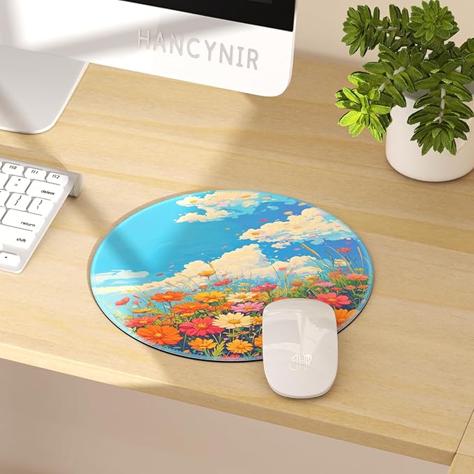 Mouse Pad for Desk, Floral Clouds Small Cute Mousepad with Non-Slip Base, Round Mouse Pads for Wireless Mouse Laptop Gaming, Computer Mouse Mat for Home Office Travel Desk Accessories