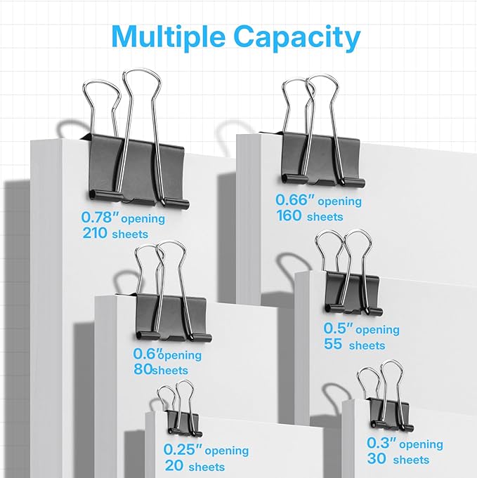 OWLKELA 240 Pcs Black Binder Clips, Paper Clamps, Paper Binder Clip, Assorted Sizes, Metal Black Binder Clips, Ideal for Office, Home and School Supplies
