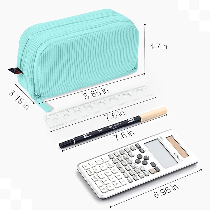 Sooez Big Capacity Pencil Case Pen Pouch, Soft Corduroy Pencil Bag with 3 Compartment, Multiple Pockets, Sturdy Zipper, Cute School Supplies Pen Bag Organizer For Teen Girls College-Mint Green