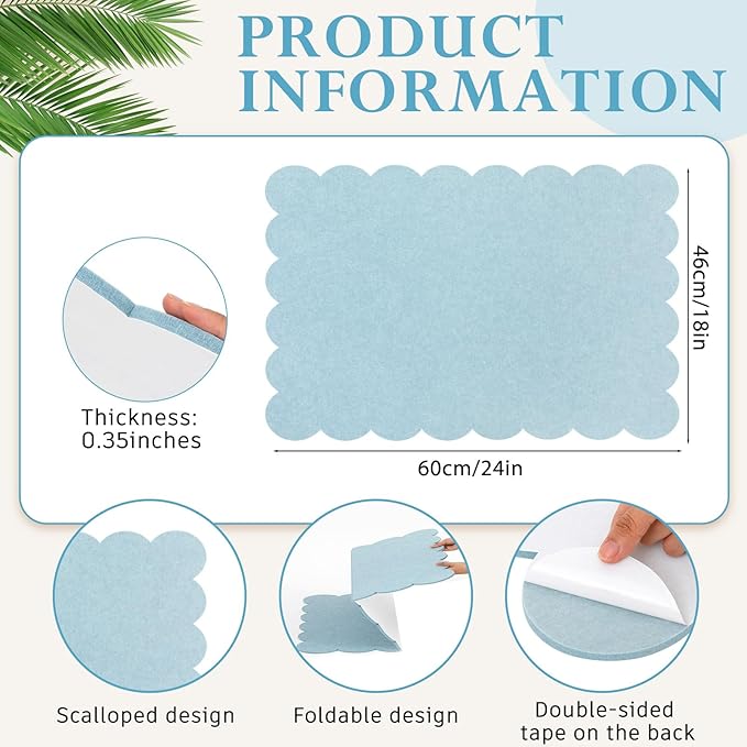 Scalloped Felt Bulletin Board 24 x 18 Inches Foldable Light Blue Pin Cork Board Alternative for Wall, 2' x 1.5' Trifold Picture Vision Self Adhesive Bulletin Decorative