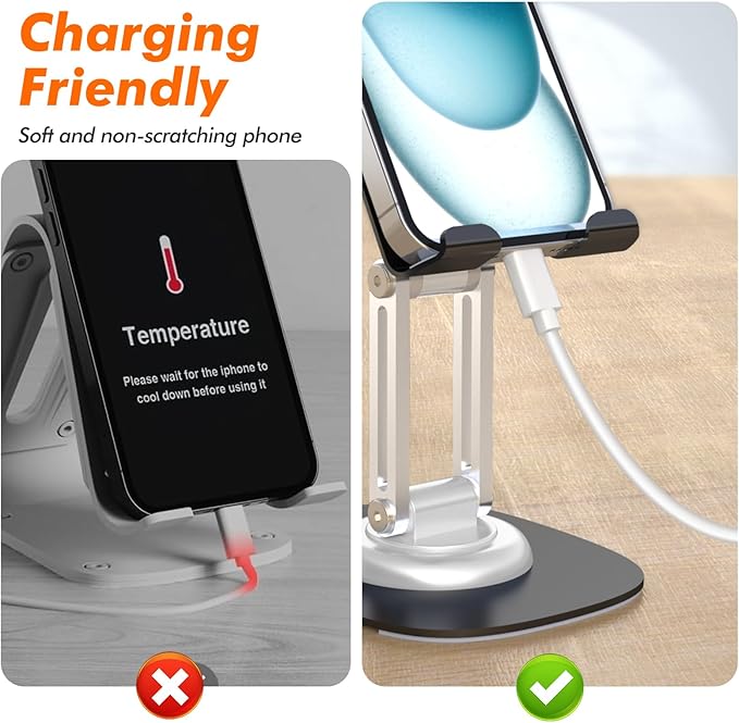 Cell Phone Stand, Fully Adjustable Foldable Desktop Phone Holder, 360 Degree Rotating Desktop Phone Stand for Recording Compatible with iPhone 16 15 14 13 12 Pro Xs Max Xr, White