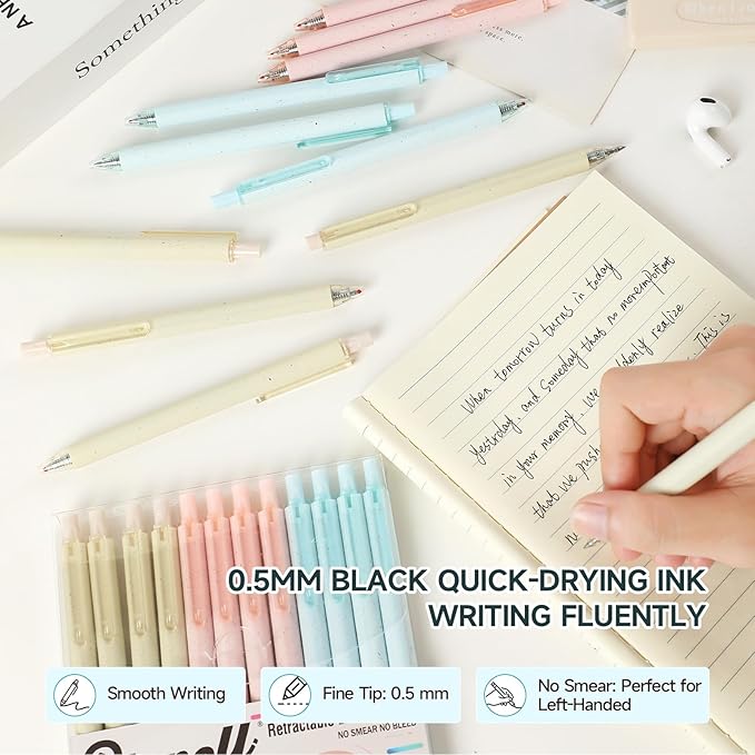 Gel Pens for Note Taking 12PCS RIANCY Black Ink Fine Point Pen Black Gel Pens Quick Dry Ink 0.5mm Smooth Writing Pen for Home Office Art Back to School Supplies (Mixed)