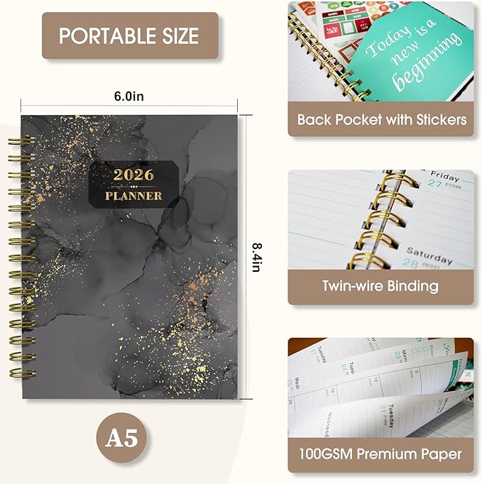 Ymumuda 2026 Planner, Daily Weekly Monthly Planner, 2026 Calendar Planner (Jan 2026 - Dec 2026), 8.4" x 6.3", Teacher School Student Work Agenda with Tabs, Ideal for School Office Supplies