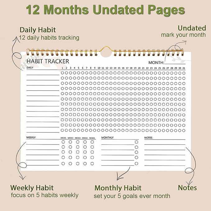 Habit Tracker Calendar - 12 Months Undated Daily Goal and Habit Tracker, Habits Tracker Journal Planner with Spiral Binding, Great Productivity Tool and Workout Calendar, 11.7"x8.5"