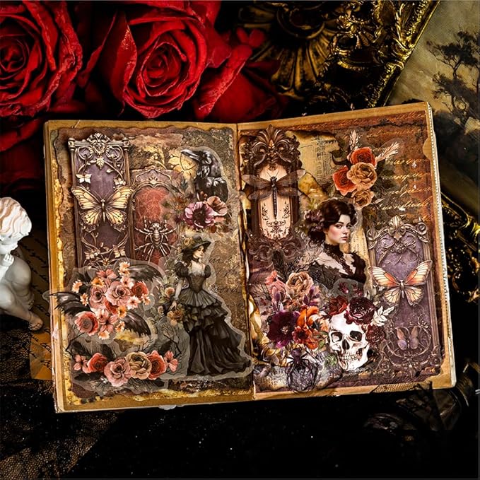 120Pcs Dark Aesthetic Gothic Floral Transparent PET Journaling Stickers, 6 Pack Black Rose Goth Style Themes Decorative Stickers for Scrapbooking, Junk Journals, Planner, Collage, Bujo