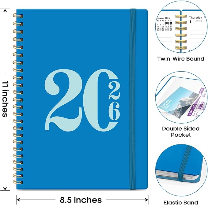 2026 Planner, Weekly and Monthly Calender Planner, Jan 2026 to Dec 2026, Hardcover 2026 Calendar Book with Tabs & Inner Pocket, Office Home School Supplies for Women & Men - A4 (8.5" x 11"), Azure Blue
