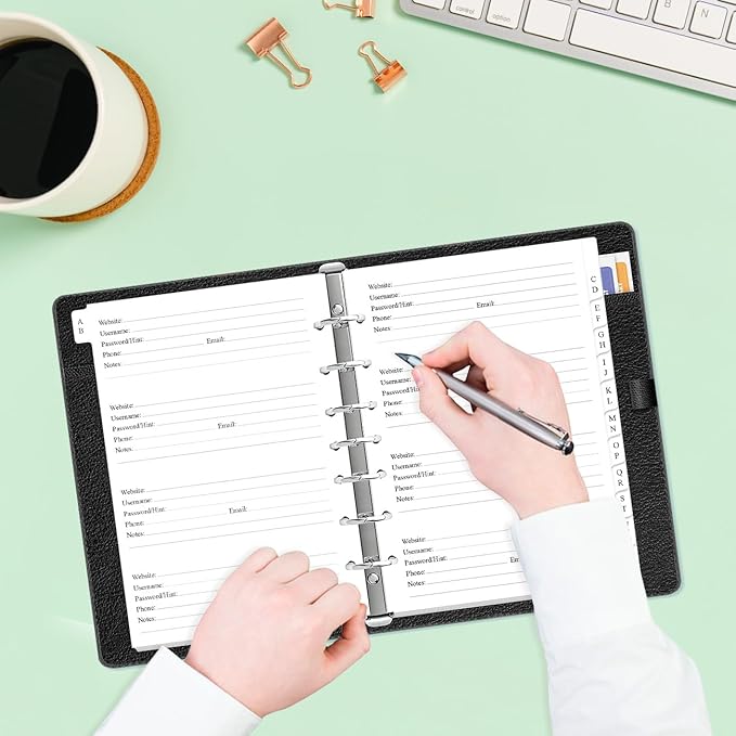 Password Book Refills - A-Z Password Notebook Refill Paper with Alphabetical Tabs, 120gsm White Paper, 7-Hole/Desk Size 4, 5.8" x 8.3"