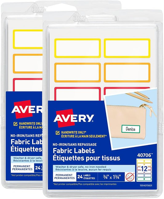 Avery No-Iron Fabric Name Labels, Rainbow Borders Preprinted Designs, Handwrite-Only, 2-Pack, 48 Preprinted Labels (22281)