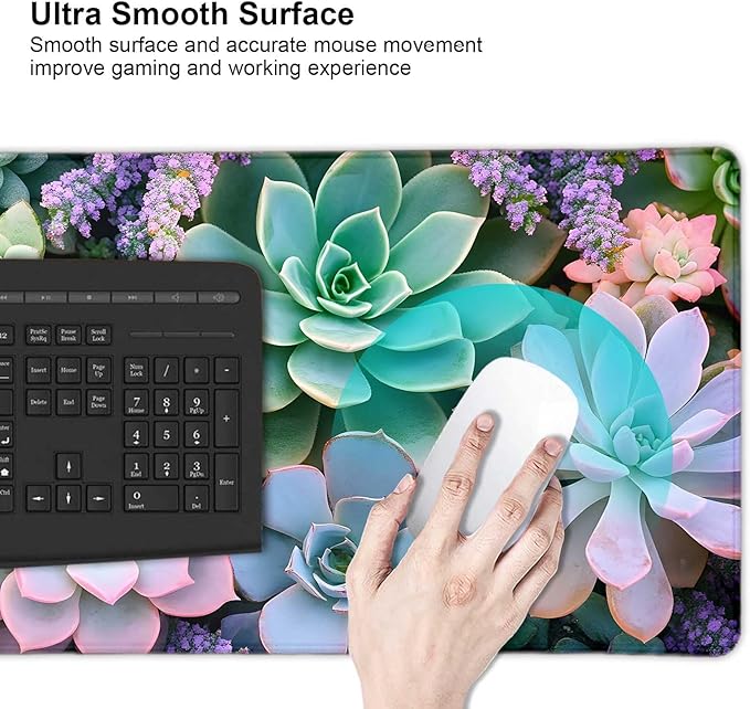Cute Succulent Plants Large Mouse Pad, Desk Mat Computer Keyboard Pad Non-Slip Rubber Base Waterproof with Stitched Edges for Laptop Gaming, Office & Home 31.5 x 11.8 Inch (XL-17)