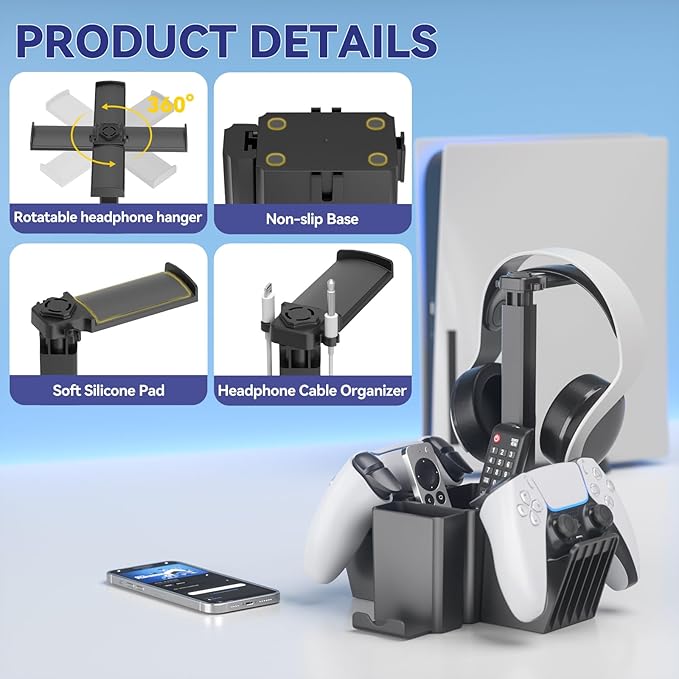 KDD Dual Controller Holder with Headphone Stand - Multi-Functional Desk Storage Box with Phone Holder - Universal Controller Stand with Desktop Organizer for Remote Control Pen Accessories(Black)