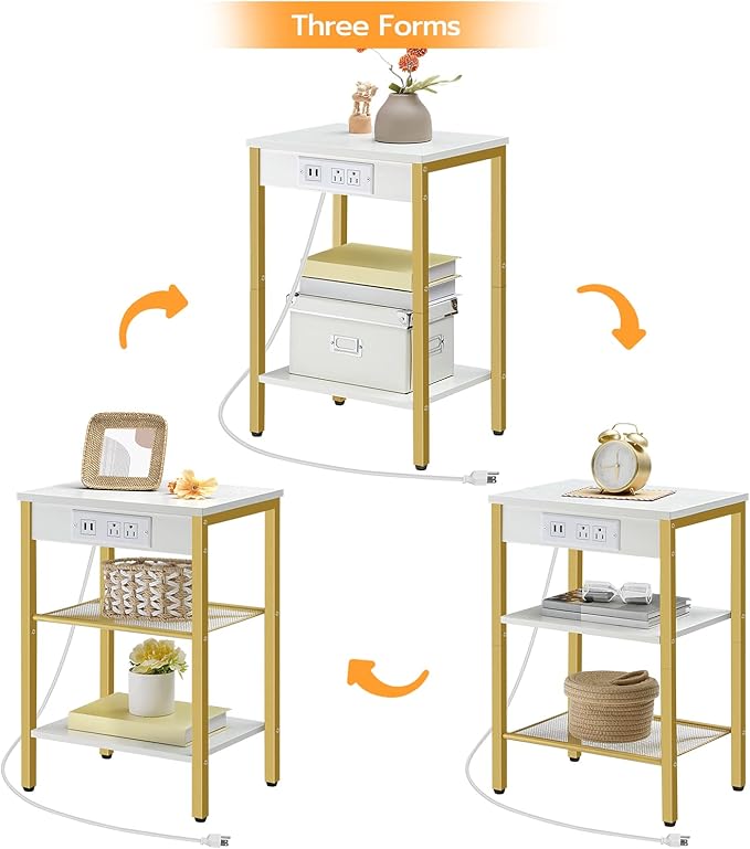HOOBRO Side Tables Set of 2 with Charging Station and USB Port, Small End Tables for Small Space, 3-Tier Nightstands with Adjustable Shelf, for Living Room, Bedroom, White and Gold DW112BZP201G1