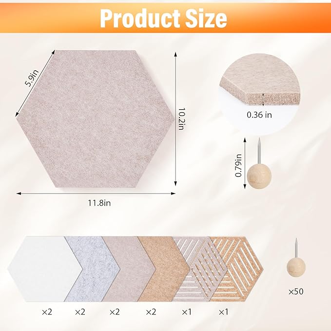Hexagon Cork Board Tiles 10 Pack 12'' x 10'' Cork Bulletin Boards Tiles for Walls, Hexagon Small Cork Boards with 50 Wooden Push Pins, for Office Home Photos DIY Classroom Decor