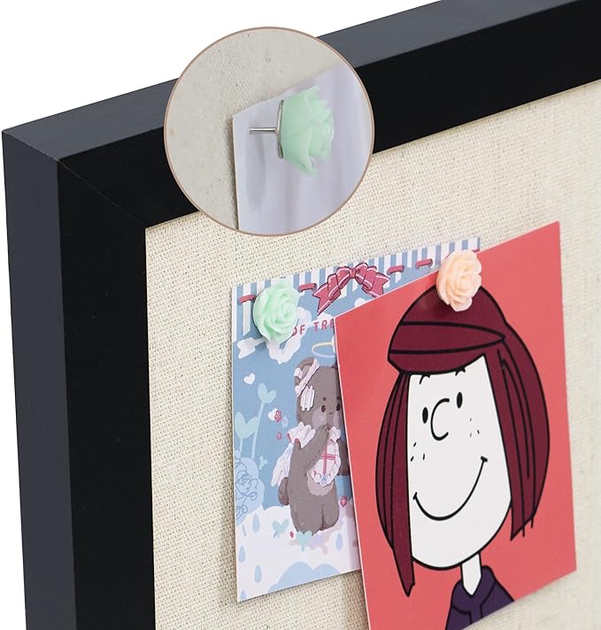 AKTOP Cork Board Bulletin Board with Linen 16.7" X 11", Small Framed Corkboard for Wall, Hanging Pin Board Picture Board for Home Office Decor, Cute Vision Board with 8 Pushpins (Classic Black)