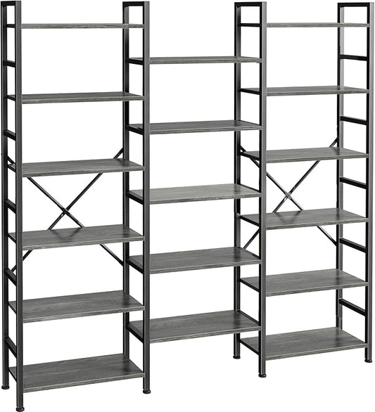SUPERJARE Triple Bookshelf, Bookcase with 11 Open Display Shelves, Wide Book Shelf Book Case for Home & Office, 6 Tier, Grey