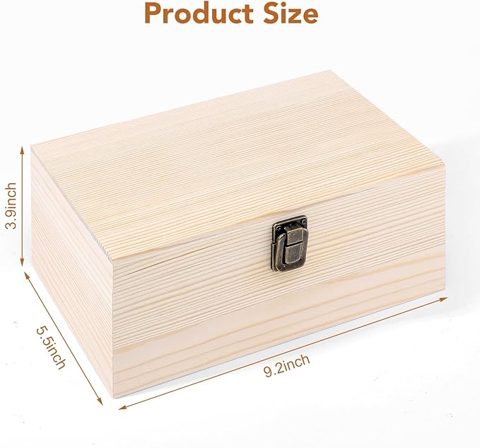 WSICSE Unpainted Wood Box with Hinged Lid - Large 9.2"x5.5"x3.9" for Crafts DIY Storage Jewelry & Gift Box and Hobby Organization Easter Basket Stuffers