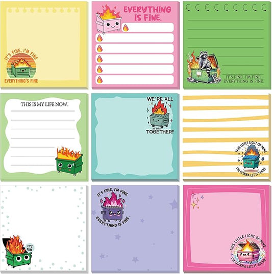 9 Pads Dumpster Fire Sticky Notes 3x3 Inch Cute Self Stick Notepads Notes Adhesive Memo Pad Office Decor Gifts for Students School Teacher Meeting Office Supplies