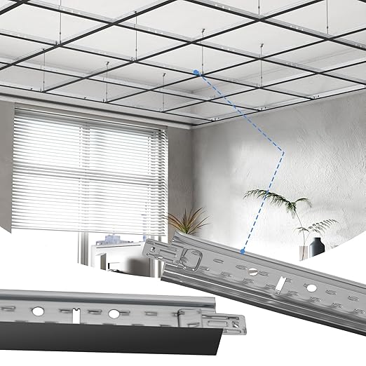 25 PCS 144 Inch Main Beam Cross Tee Drop Ceiling Grid System, 12 Ft Galvanized Steel Rust & Fire Resistance, Ideal for Basement Living Room Garage Kitchen Bathroom Black